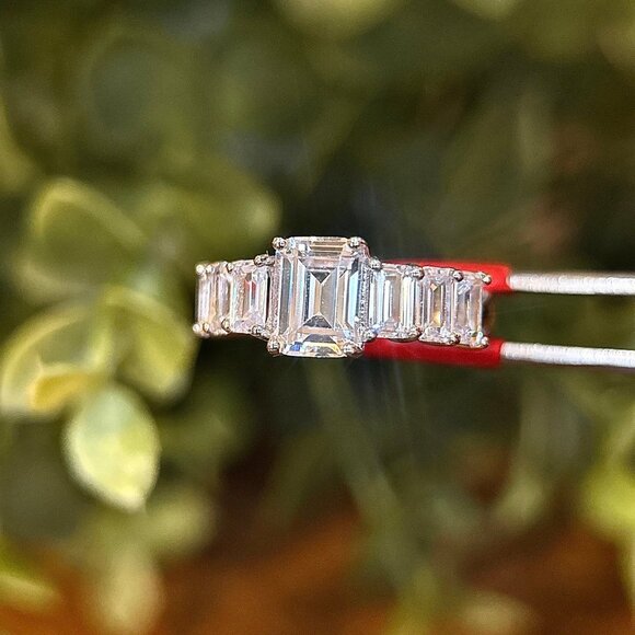 Sparkling 925 Silver Emerald Cut CZ’s Ring - Picture 4 of 10